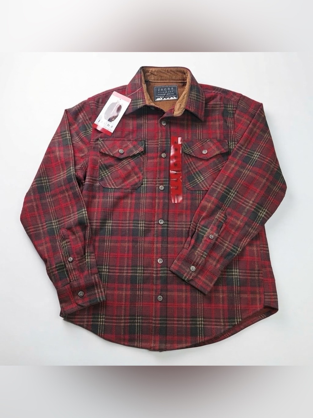 Jachs NY Red Plaid Flannel Shirt Men Medium NWT Corduroy Trim Long Sleeve